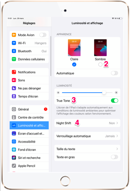 Ajuster la luminosité de l'écran et les couleurs sur l'iPad - Assistance  Apple (FR)