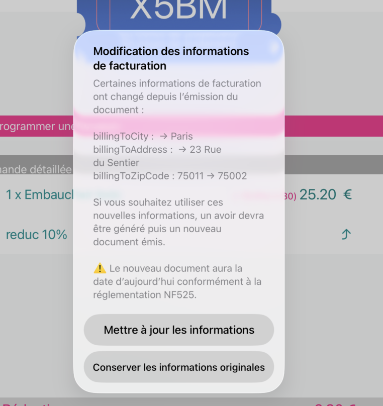 Fenêtre Modification des informations de facturation sur l’iPad : changements d’adresse et choix entre mise à jour et conservation des informations originales.