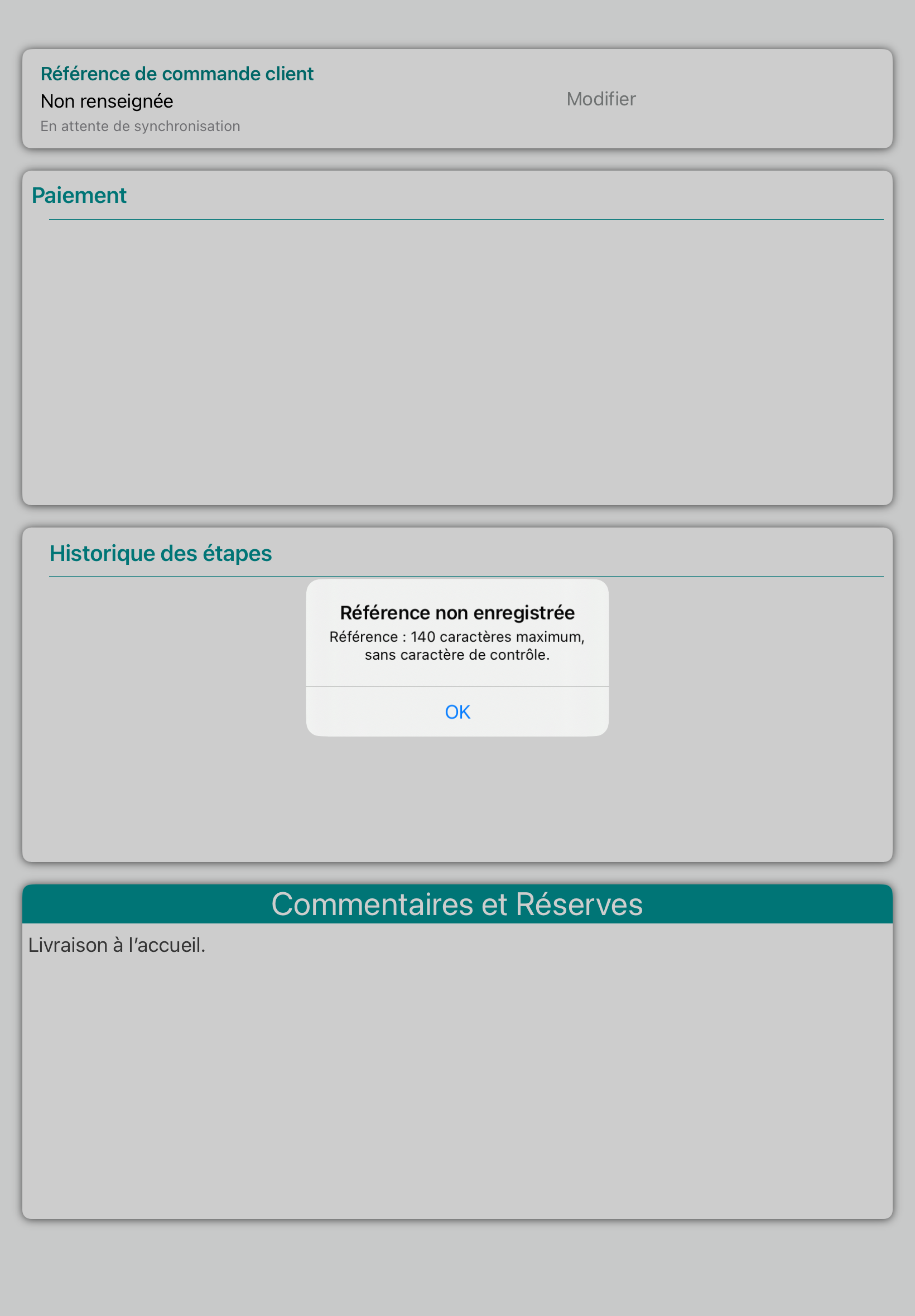 Alerte Référence non enregistrée rappelant la limite de 140 caractères et l’interdiction des caractères de contrôle