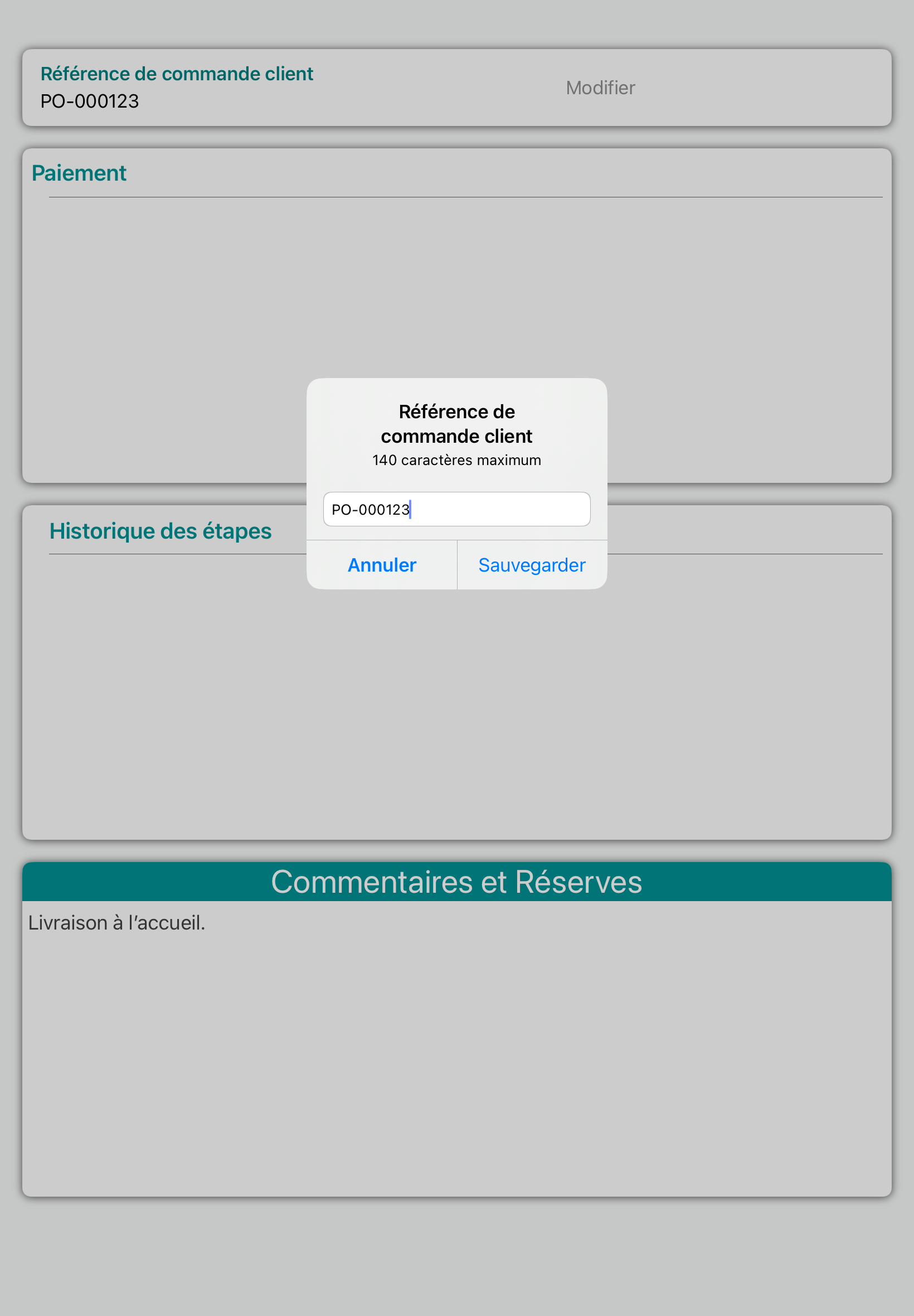 Fenêtre Référence de commande client avec la valeur PO-000123 et le bouton Sauvegarder