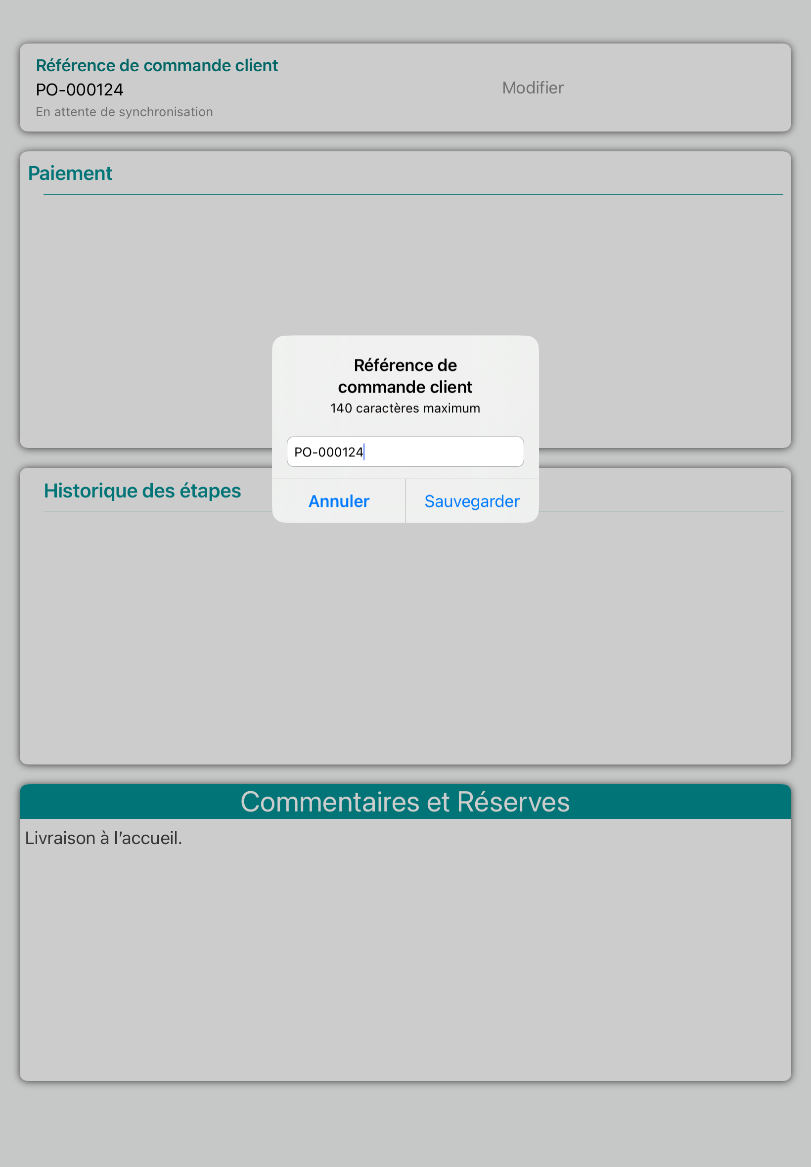 Réouverture de la référence PO-000124 après modification sur une commande de démonstration