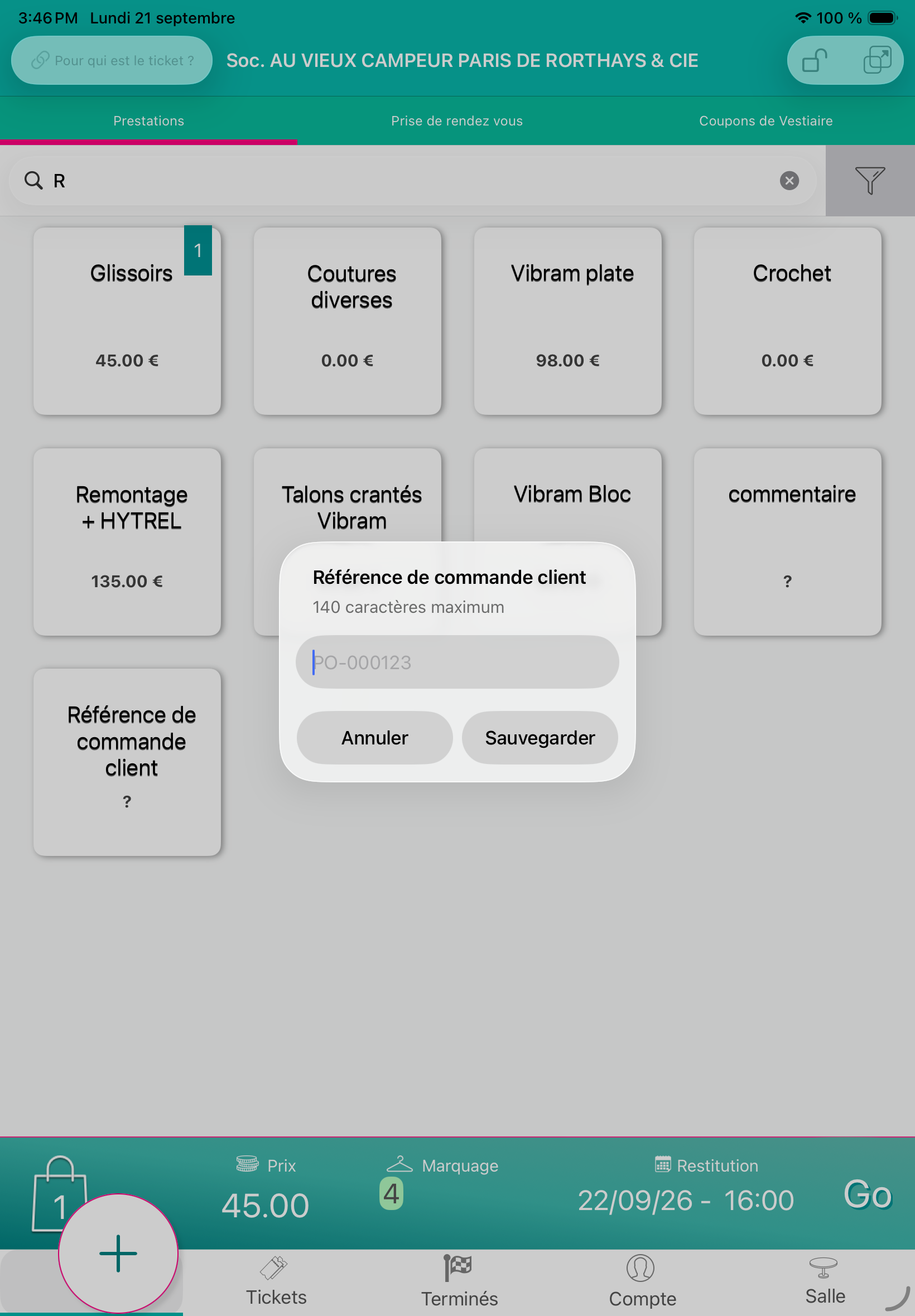 Création d’une commande professionnelle sur iPad : tuile Référence de commande client dans Prestations et fenêtre de saisie avec le bouton Sauvegarder