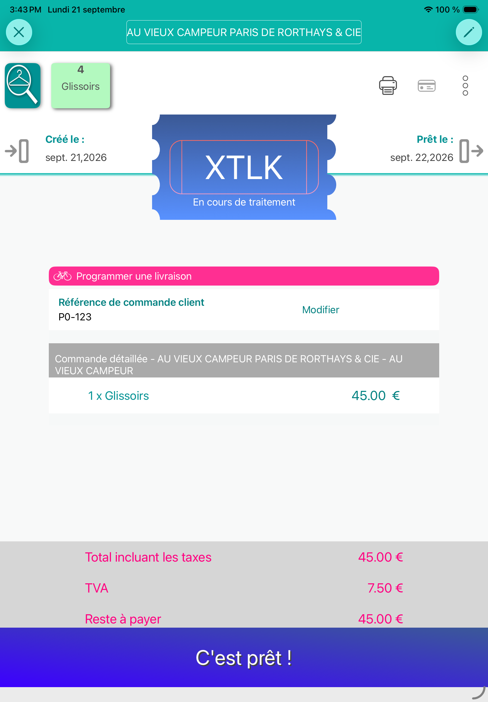 Ticket iPad existant : bloc Référence de commande client affichant PO-123 et bouton Modifier
