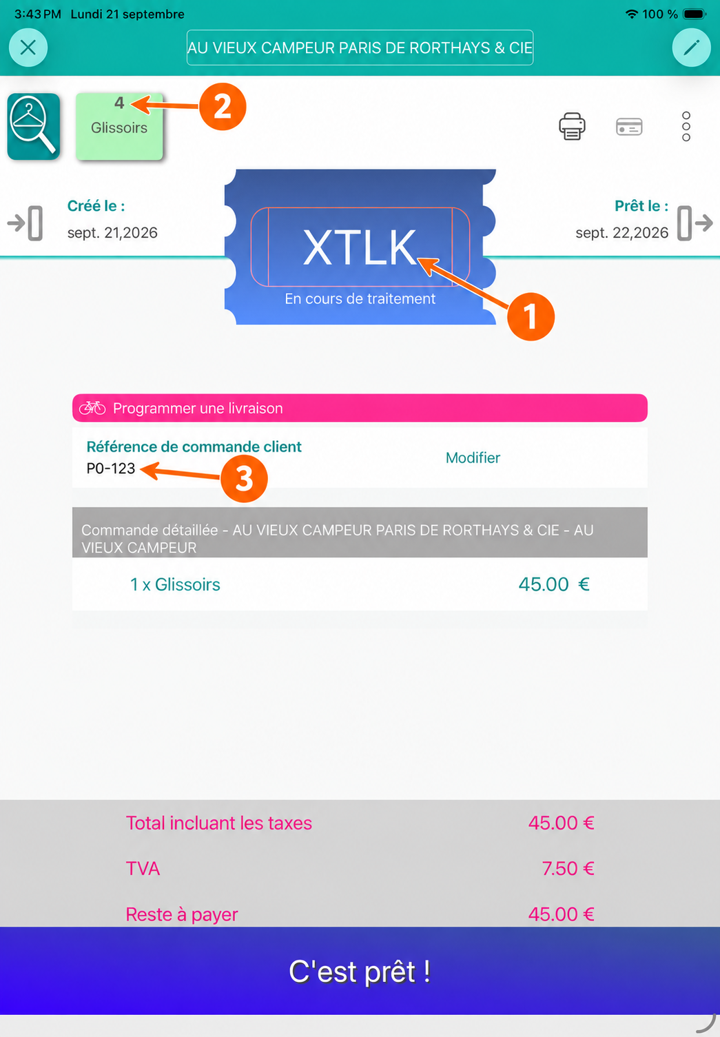 Ticket iPad annoté : repère 1, code Hangers XTLK au centre ; repère 2, numéro de suivi 4 sur le coupon vert ; repère 3, référence de commande client PO-123 sous le bouton Programmer une livraison